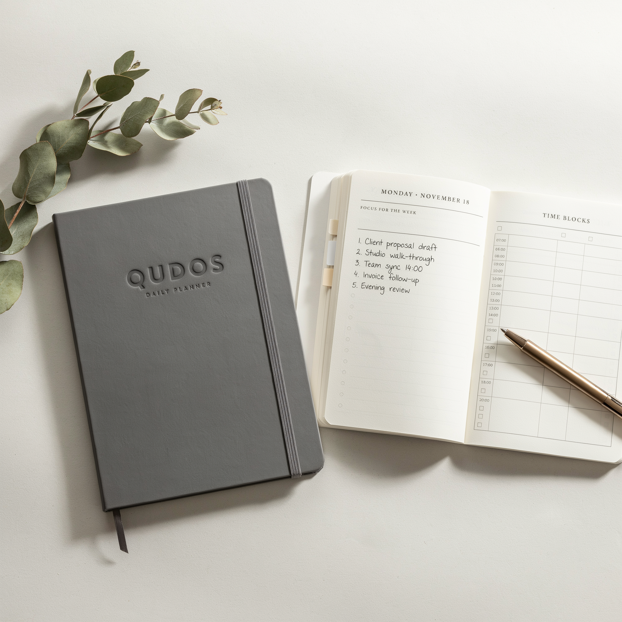 Qudos Daily Planner in charcoal grey with time blocks